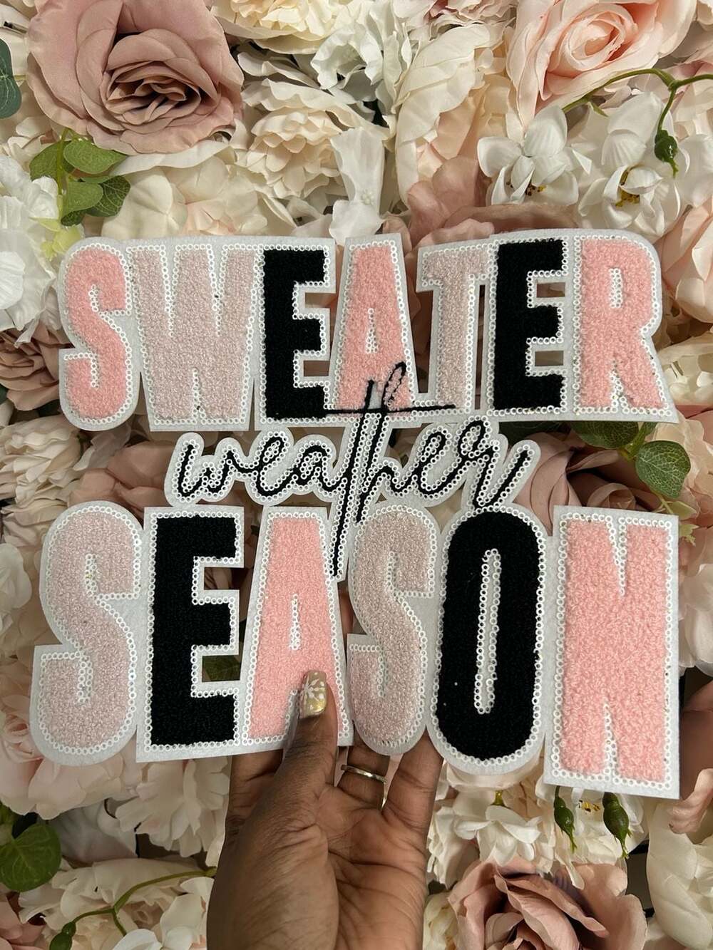 Sweater Weather Season Chenille Sequin Iron On Patch Fall Applique
